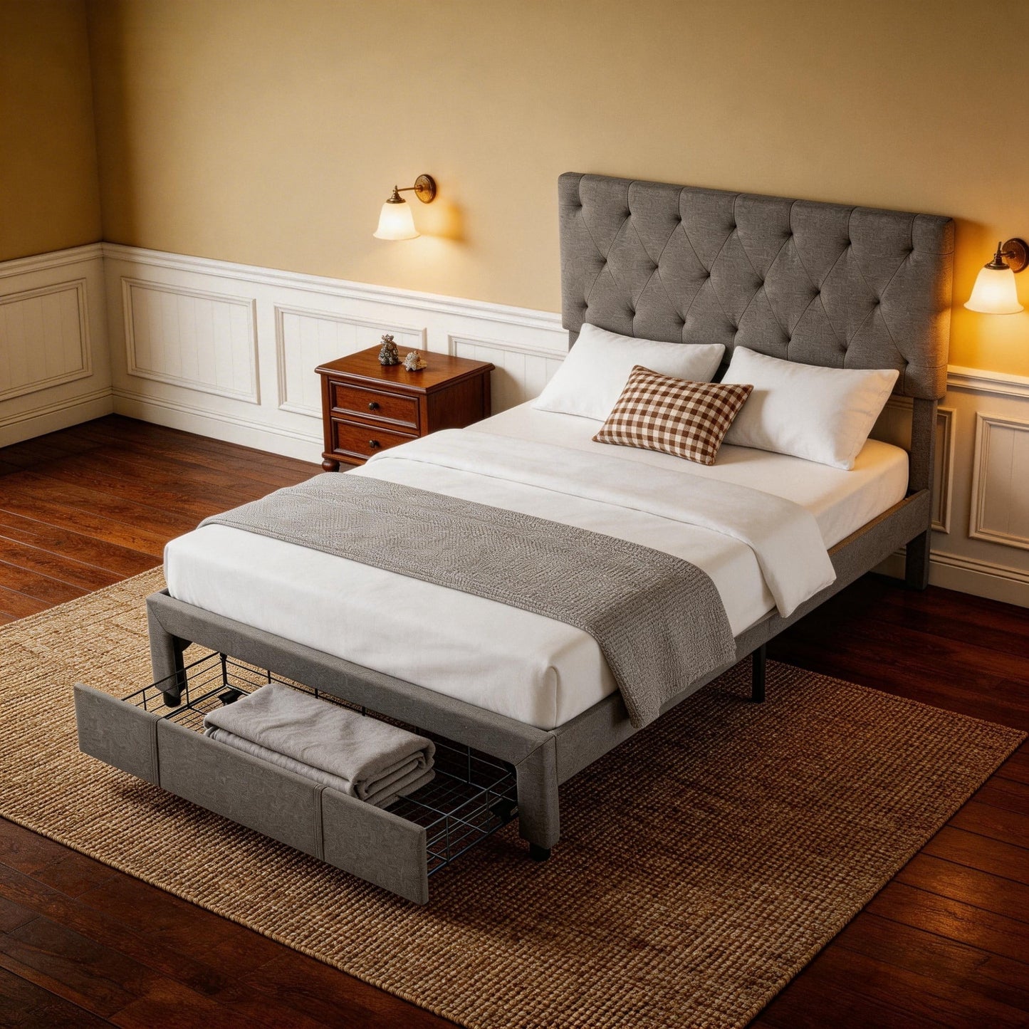 BSHTI Queen Size Platform Bed Frame with Storage Drawer, Adjustable Tufted Headboard, Solid Wood Frame, 12 Wood Slats, No Box Spring Needed,Beige
