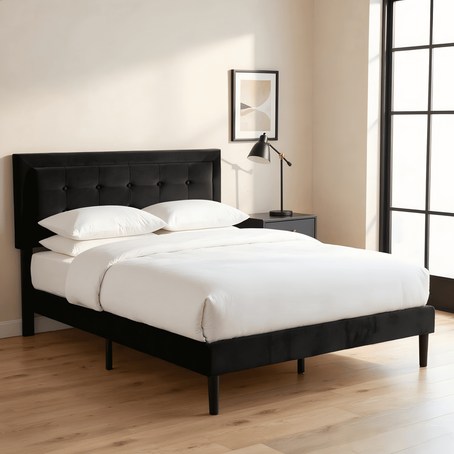 BSHTI Full Size Platform Bed Frame with Square Tufted Upholstered Headboard – Solid Wood Frame, 10 Wood Slats, Center Support Leg, Under-Bed Clearance, No Box Spring Needed, Black