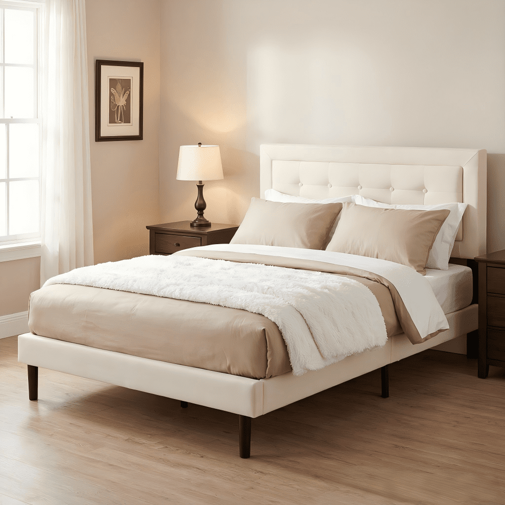 BSHTI Full Size Platform Bed Frame with Square Tufted Upholstered Headboard – Solid Wood Frame, 10 Wood Slats, Center Support Leg, Under-Bed Clearance, No Box Spring Needed, Beige