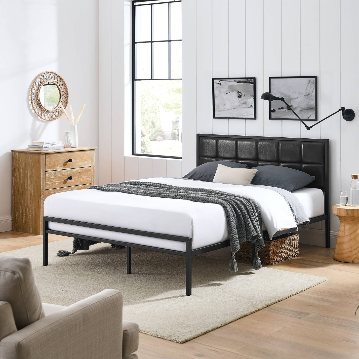 BSHTI Cama Moderna Tamaño Queen de Metal con Cabecera Tapizada y Soporte de Listones de Madera para Sala de Estar, No Se Necesita Box Spring