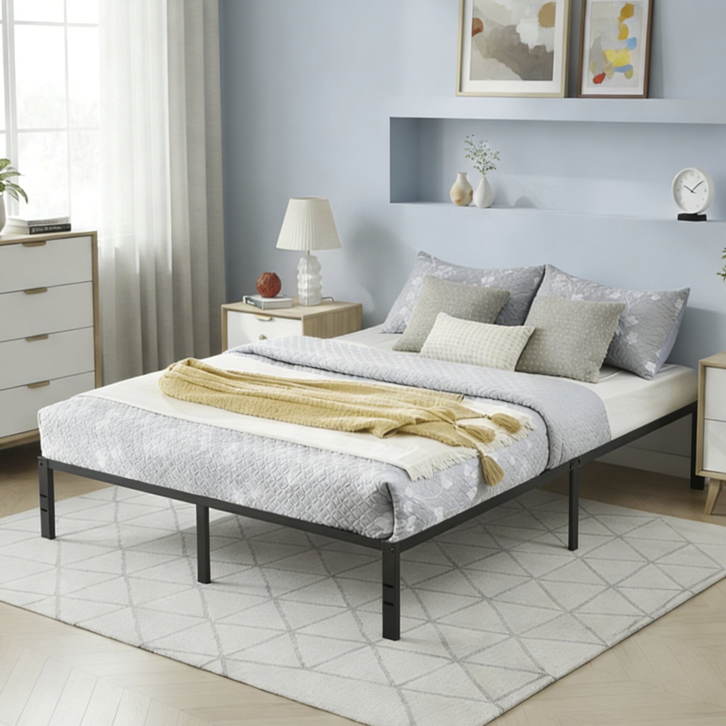 BSHTI QUEEN Size Metal Bed Frame,Featuring Clean and Minimalist Design Bed Frame for Bedroom