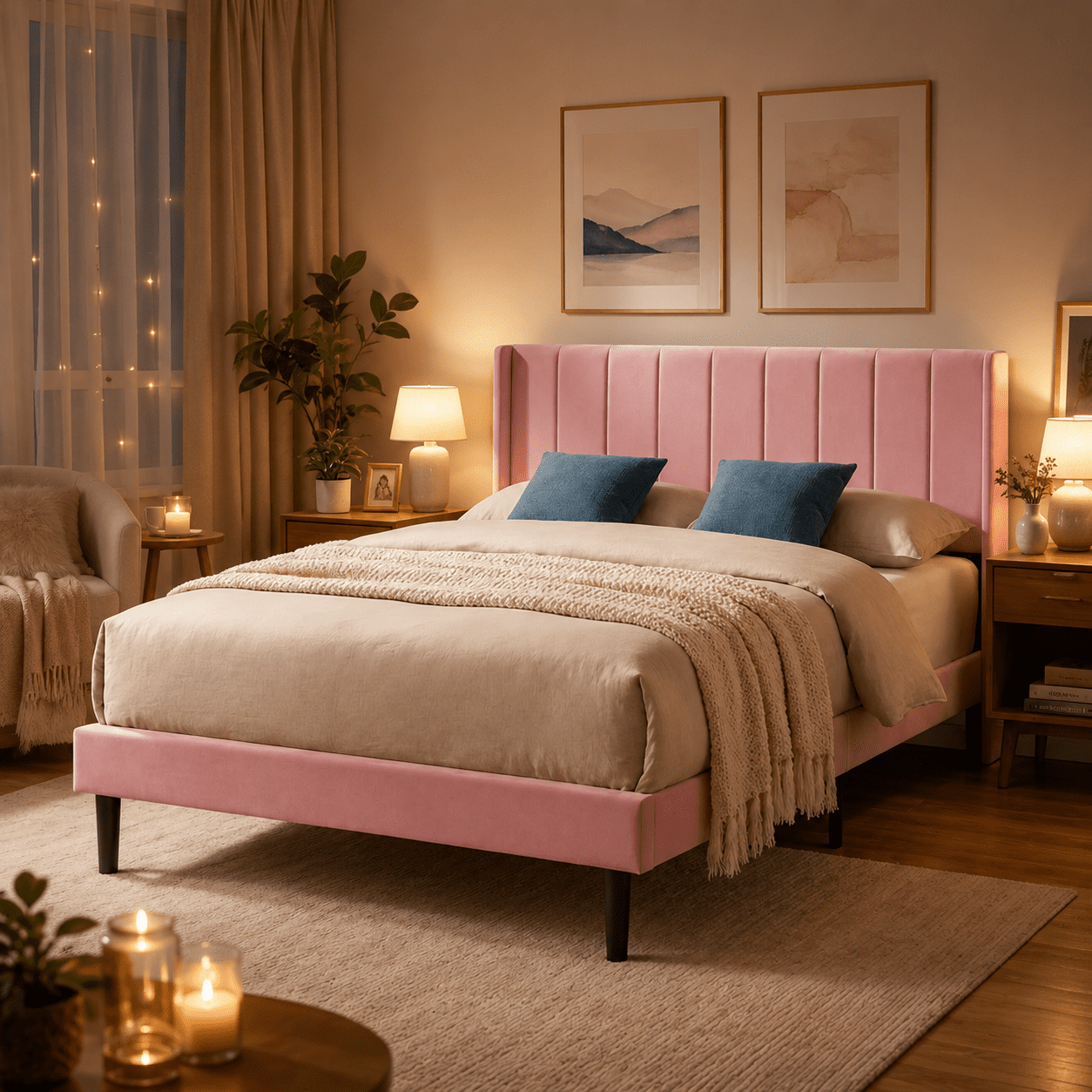 BSHTI Queen Size Velvet Upholstered Platform Bed Frame with Padded Headboard, Pink Modern Accent Bedroom Furniture with Wood Support, No Box Spring Needed for Bedroom