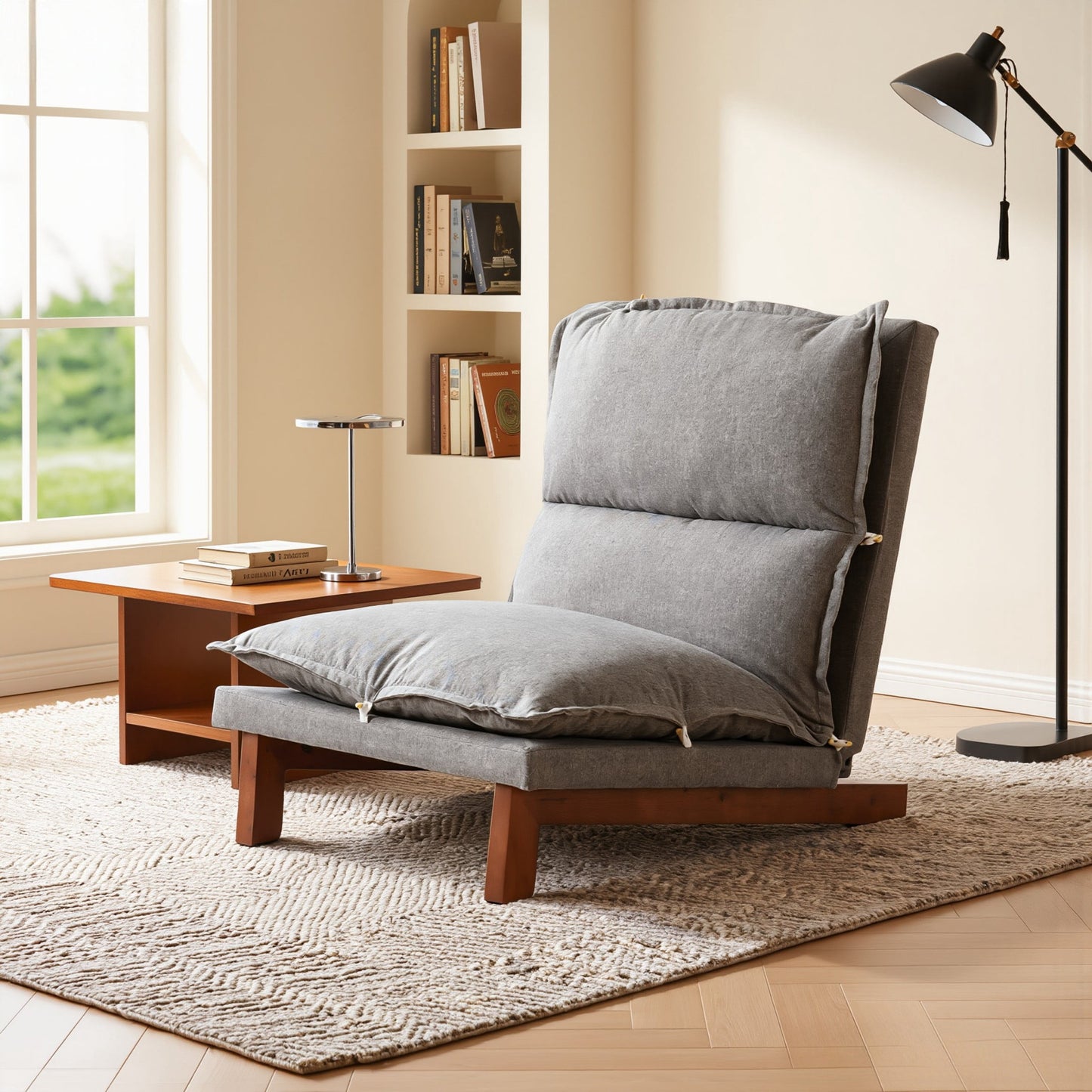 BSHTI Tatami Recliner Chair - 5-Position Adjustable Linen Backrest, High-Density Sponge Seat, Solid Wood Frame & Legs, Easy Assembly(Dark Grey)