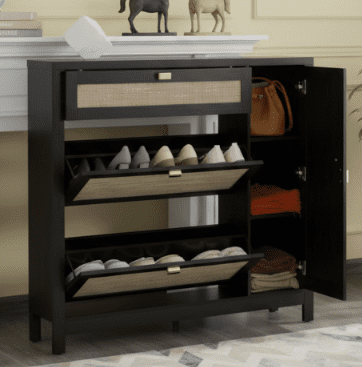 BSHTI Woven Design Bedroom 43.3â€Shoe Storage Cabinet, with 2 Flip Drawers & Side Cabinet,Rattan Woven Design,Ajustable Shoe Rack,Back with Ventitation Design,Gold Metal Handle,Black