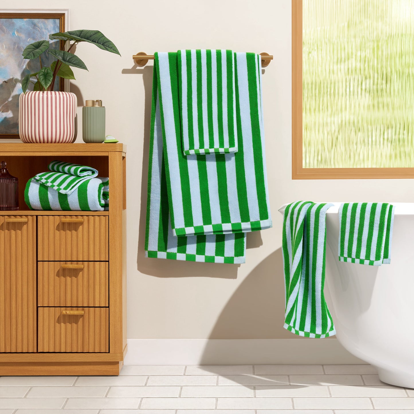 Beautiful by Drew Barrymore 6-Piece Stripe Hem Bath Towel Set, Soft 100% Cotton, Green