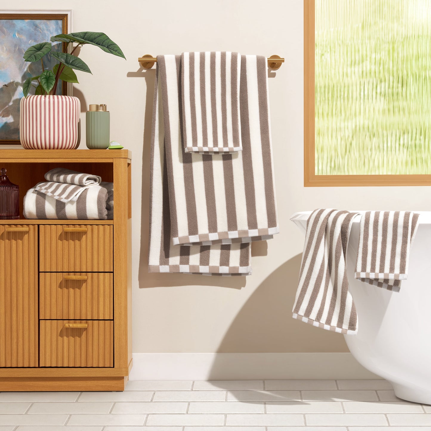 Beautiful by Drew Barrymore 6-Piece Stripe Hem Bath Towel Set, Soft 100% Cotton, Taupe