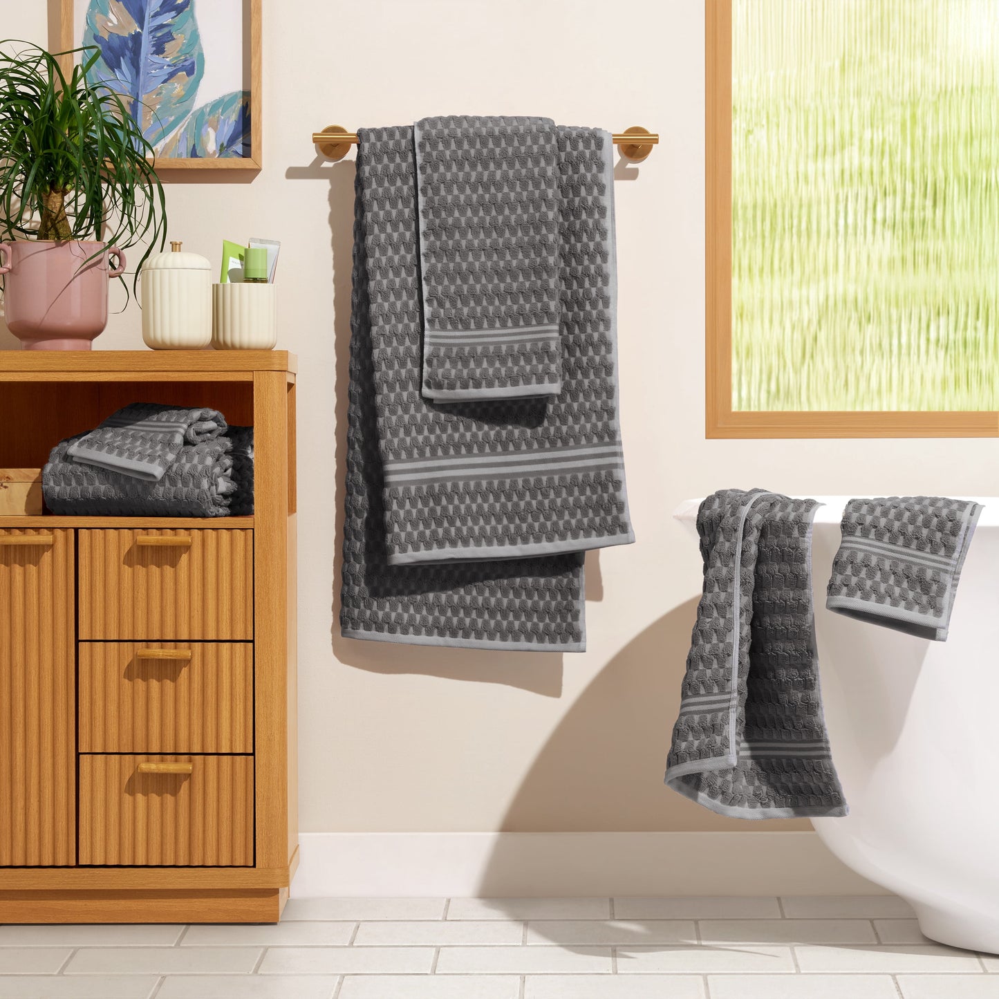Beautiful by Drew Barrymore 6-Piece Staggered Tile Bath Towel Set, Soft 100% Cotton, Green