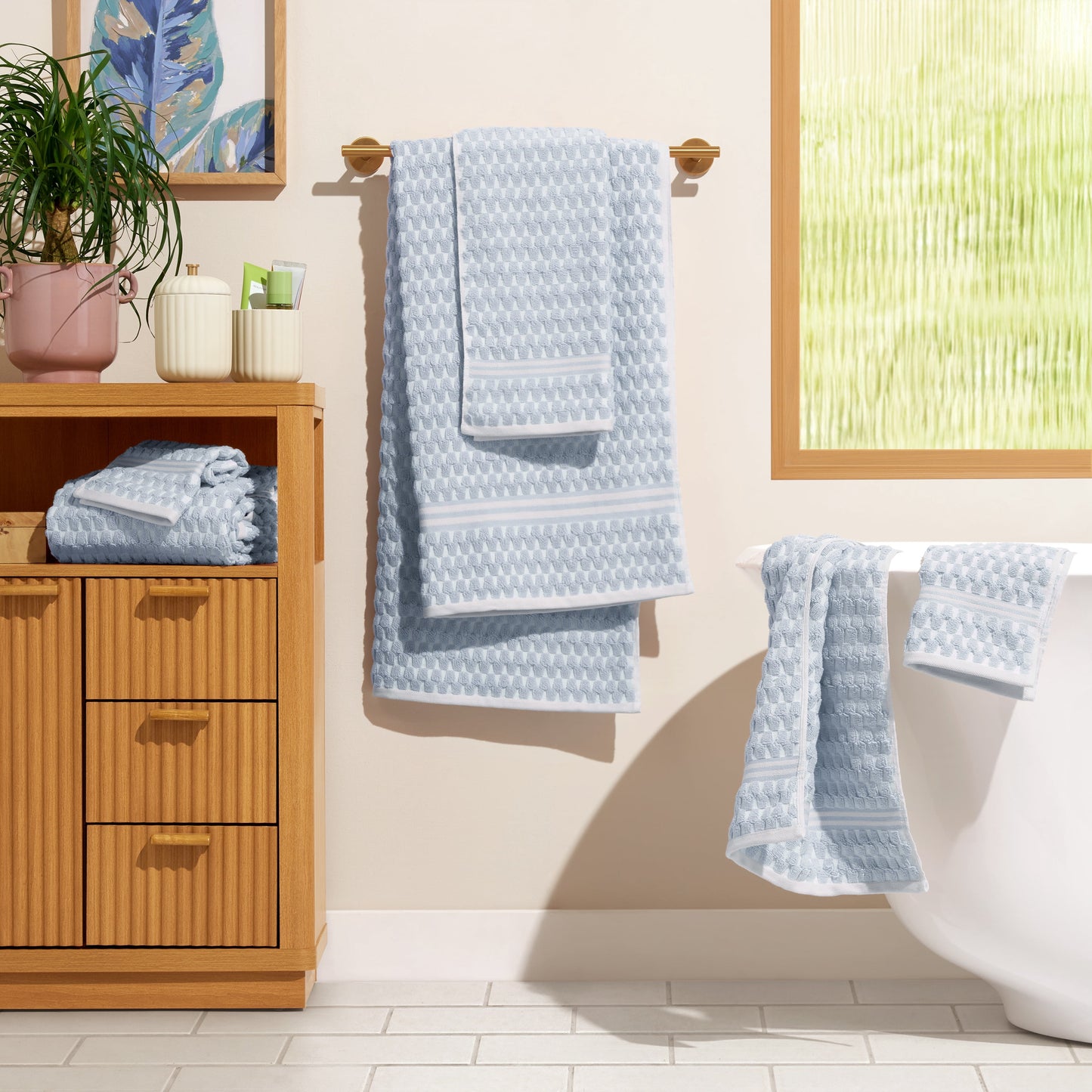 Beautiful by Drew Barrymore 6-Piece Staggered Tile Bath Towel Set, Soft 100% Cotton, Hydrangea