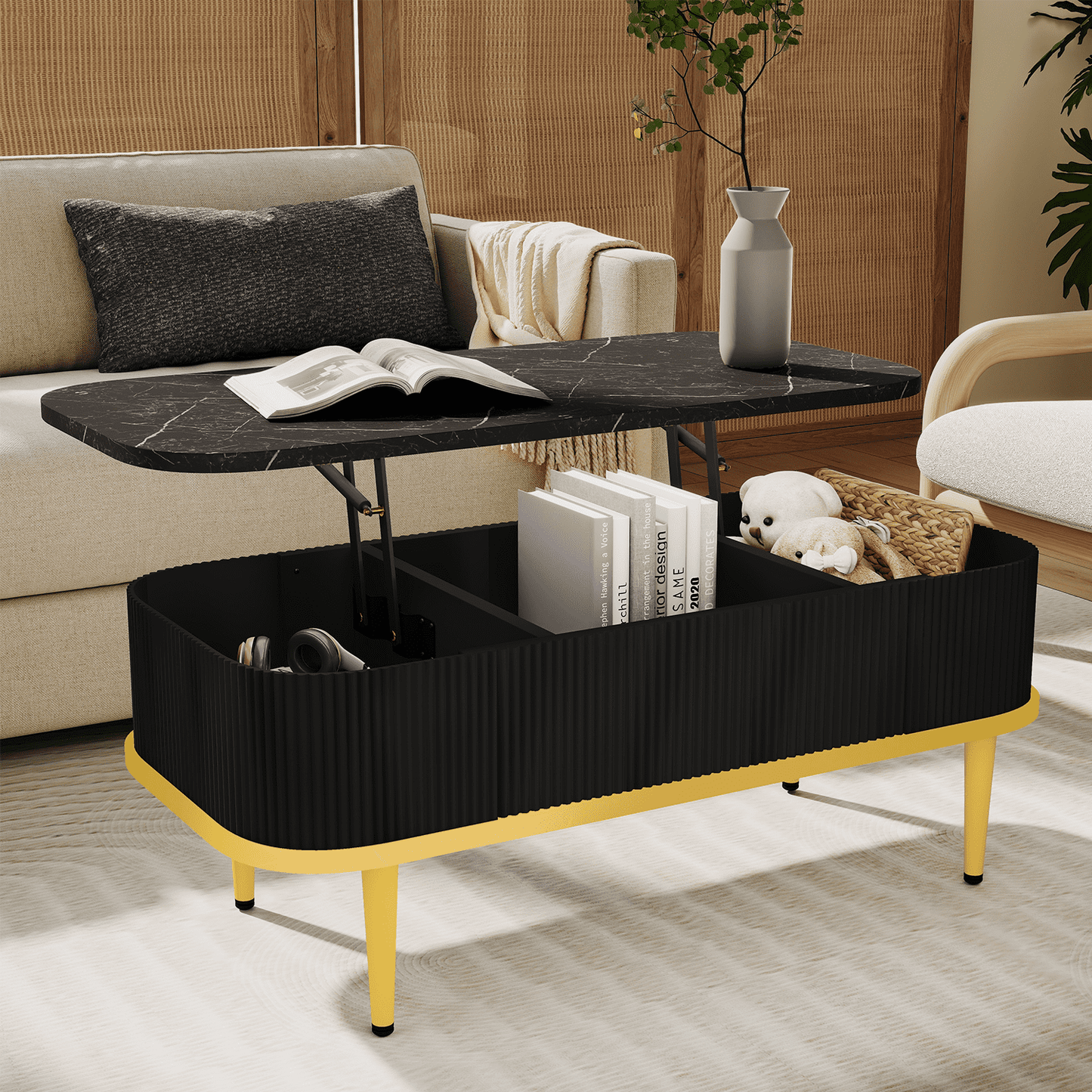 BaPiPro 39" Lift Top Coffee Table with Storage, Modern Fluted Rectangle Center Table with Hidden Compartment for Living Room, Home Office, Black