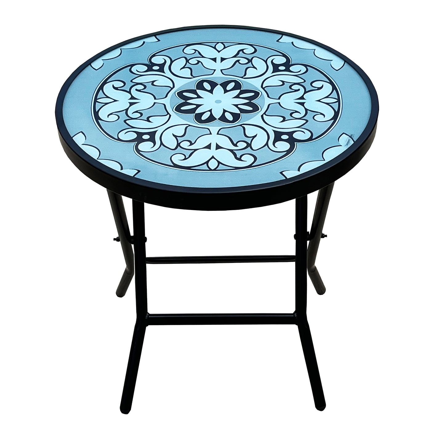 Backyard Expressions 18" Portable Folding Patio Table | Compact Size | Tempered Glass | Ornate Design | 906191