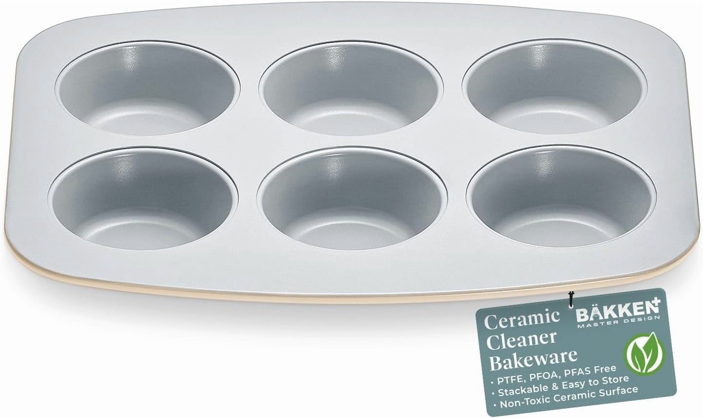 Bakken 6-Cup Cake and Muffin Pan, Aluminized Steel with Ceramic Non-Stick Coating, Non-Toxic, Heavy-Duty Bakeware, Even Heat Distribution, 10.8 x 8.8 Inches - Cream