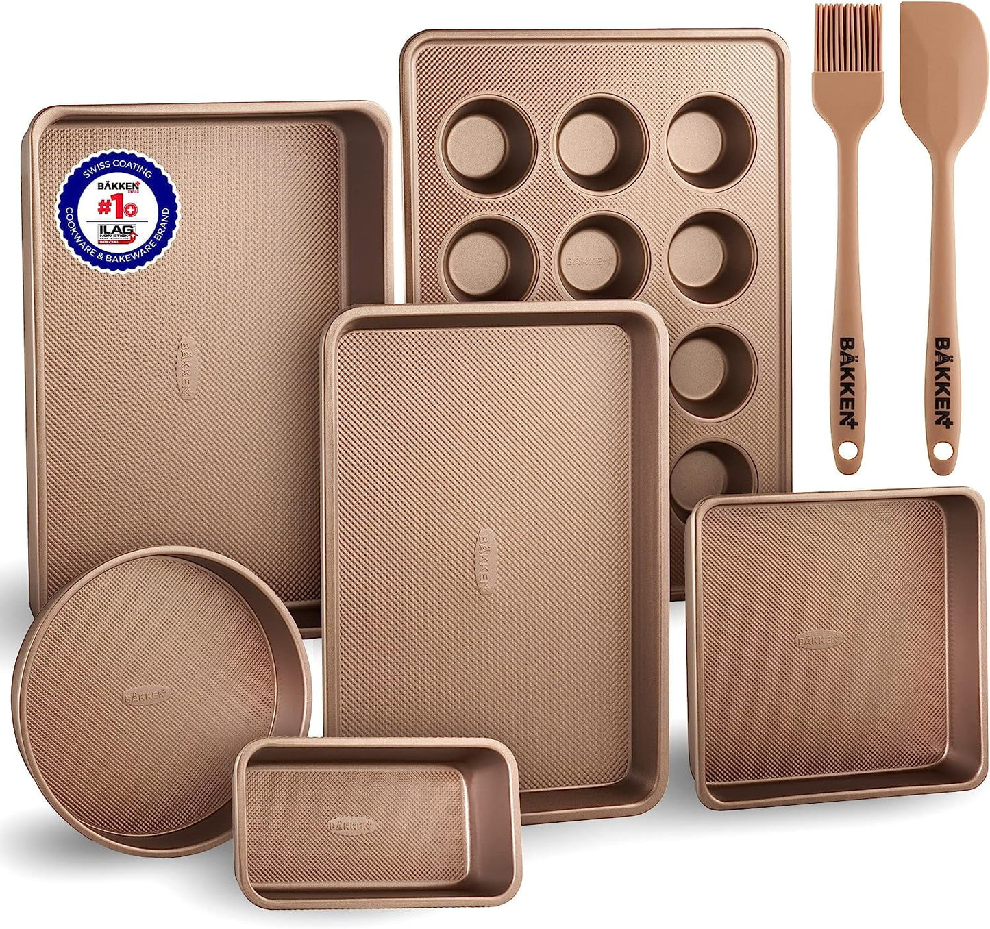 Bakeware Set – 8 Piece – Non-Stick Professional Home Bakeware – Multi Sized Baking Pan Set - Muffin Pan, Loaf Pan and More – Brown