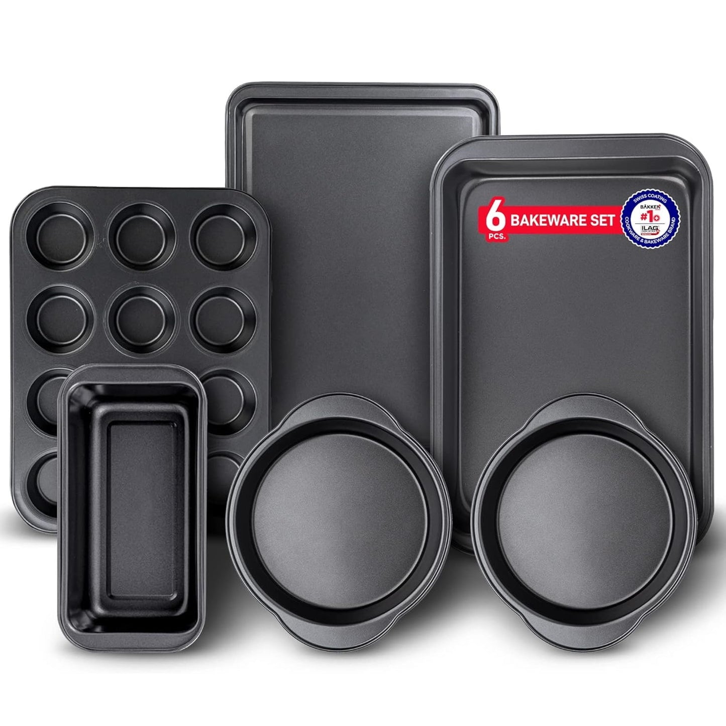 Bakken-Swiss 6-Piece Kitchen Baking Pan Set, Carbon Steel Nonstick Bakeware with Stackable Space-Saving Design, Oven Safe, Black