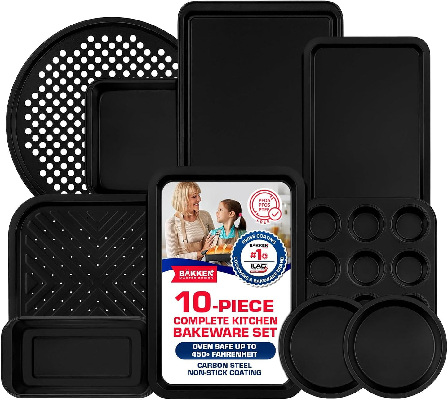 Bakken 10-Piece Baking Set – Deluxe Carbon Steel Non-Stick Bakeware with Black Coating – Oven Safe Baking Pans for Cookies, Muffins, Cakes & Roasting