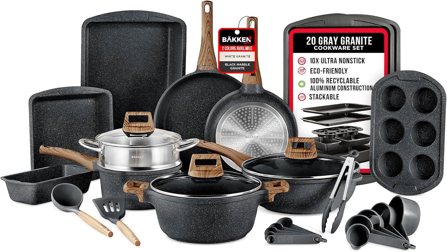 Bakken 20-Piece Kitchen Cookware Set – Granite Non-Stick – Eco-Friendly – for All Stoves & Oven-Safe - Marble coating