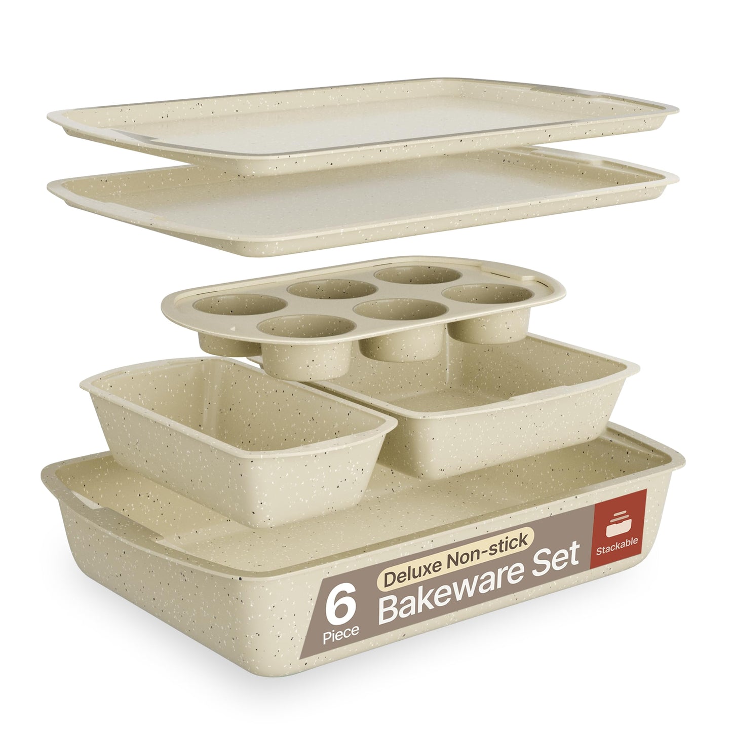Bakken- Swiss Kitchen Baking Pan Set - Nonstick White Marble Coating, Commercial Grade Carbon Steel, Baking Kitchen Essentials, Oven Safe Tray (Up To 450° F), Set of 6