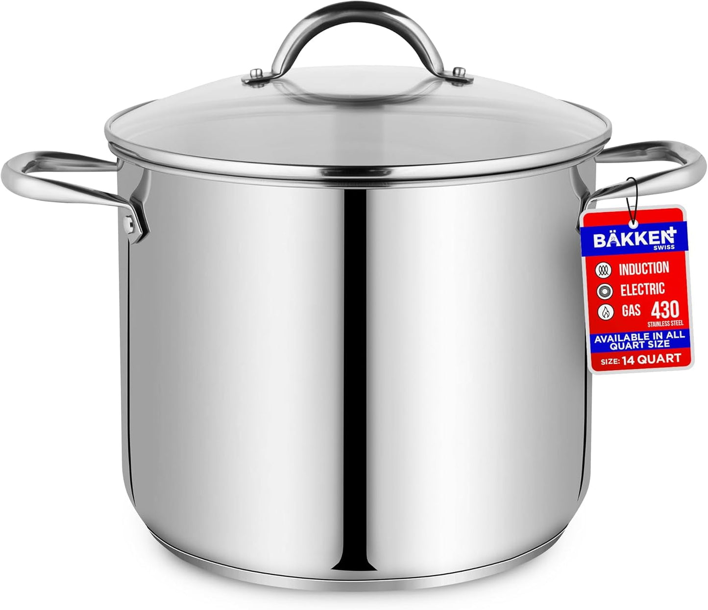 Bakken- Swiss 14-Quart Stainless Steel Stockpot with Glass Lid – Heavy-Duty, Induction Compatible, Dishwasher Safe & Easy Cleaning
