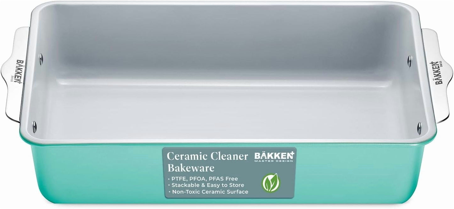 Bakken-Swiss Premium Nonstick Ceramic Rectangle Pan, 8 in x 15.5 in, Aluminized Steel with Ceramic Nonstick Coating, Non-Toxic, Ideal for Lasagnas, Brownies, and More, Teal