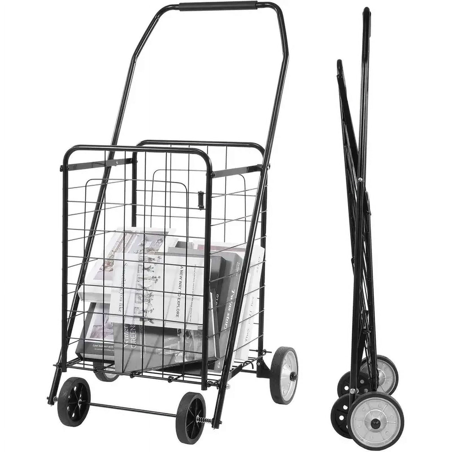 FlexWave Foldable Utility Cart,Lightweight Rolling Trolley, with Wheels, for Grocery, Laundry, and Luggage,Easy to Assemble and Store, Black