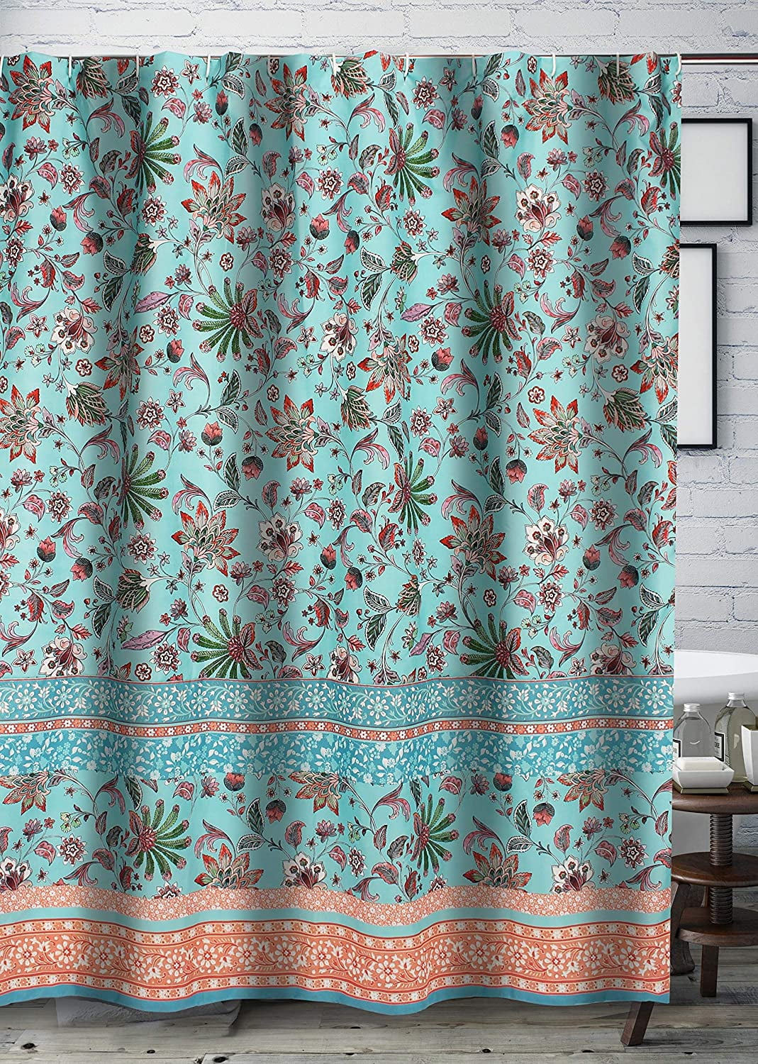 Barefoot Bungalow Audrey Modern Tropcial Floral Paisley Polyester Shower Curtain, 72" x 72", Turquoise