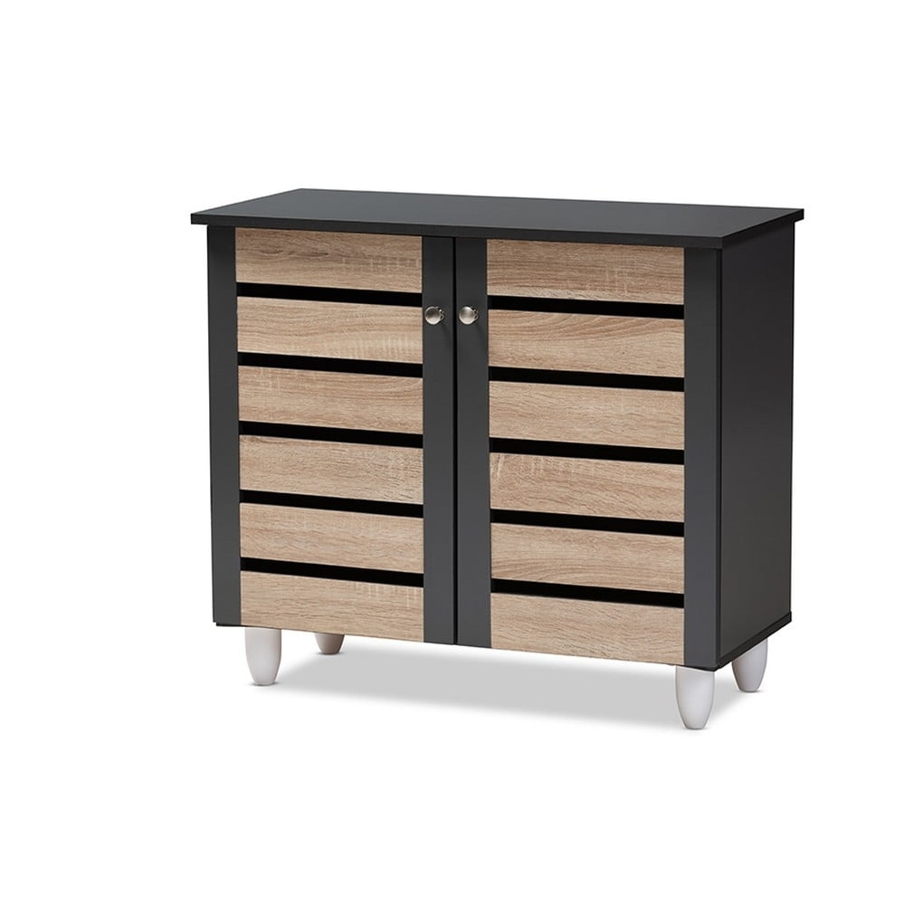 Baxton Studio Gisela Two-Tone Oak Wood 2-Door Shoe Cabinet in Dark Gray