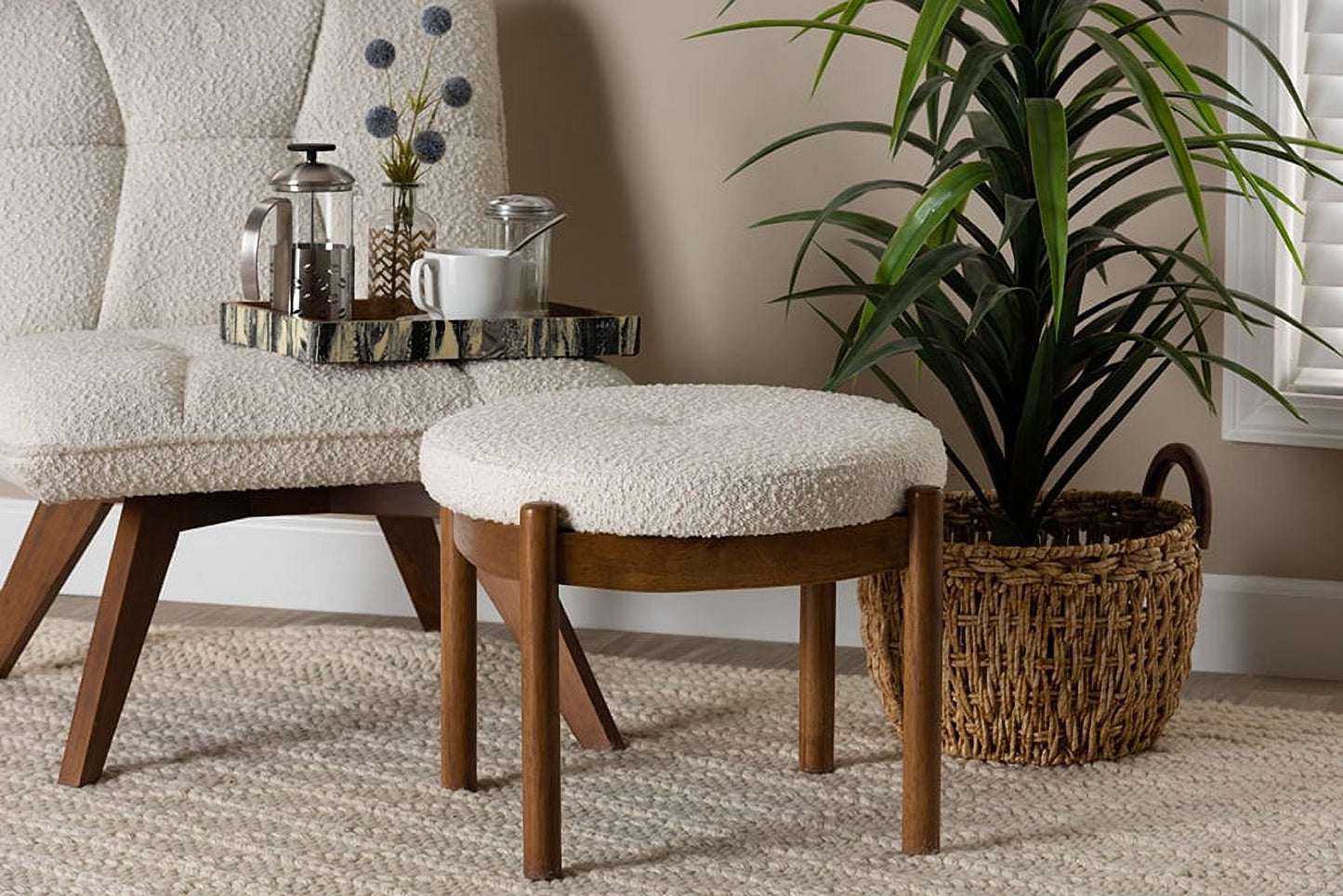 Baxton Studio Iliana Japandi Cream Boucle Fabric and Walnut Brown Finished Rubberwood Ottoman Footstool