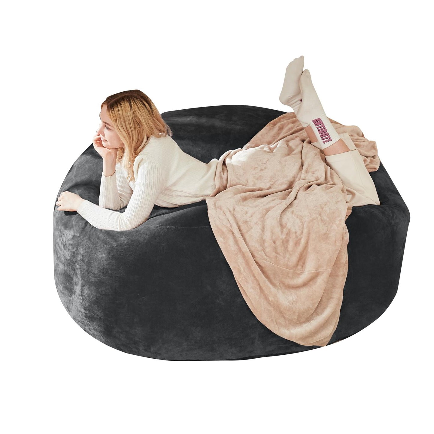 Bean Bag Chair, 4FT Memory Foam Filling Adult and Teen Sofa Chair, Soft Round Sofa with Removable Flannel Cover, for Living Room Bedroom and Dorm, Dark Grey