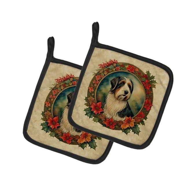 Bearded Collie Christmas Flowers Pair of Pot Holders 7.5 in x 7.5 in