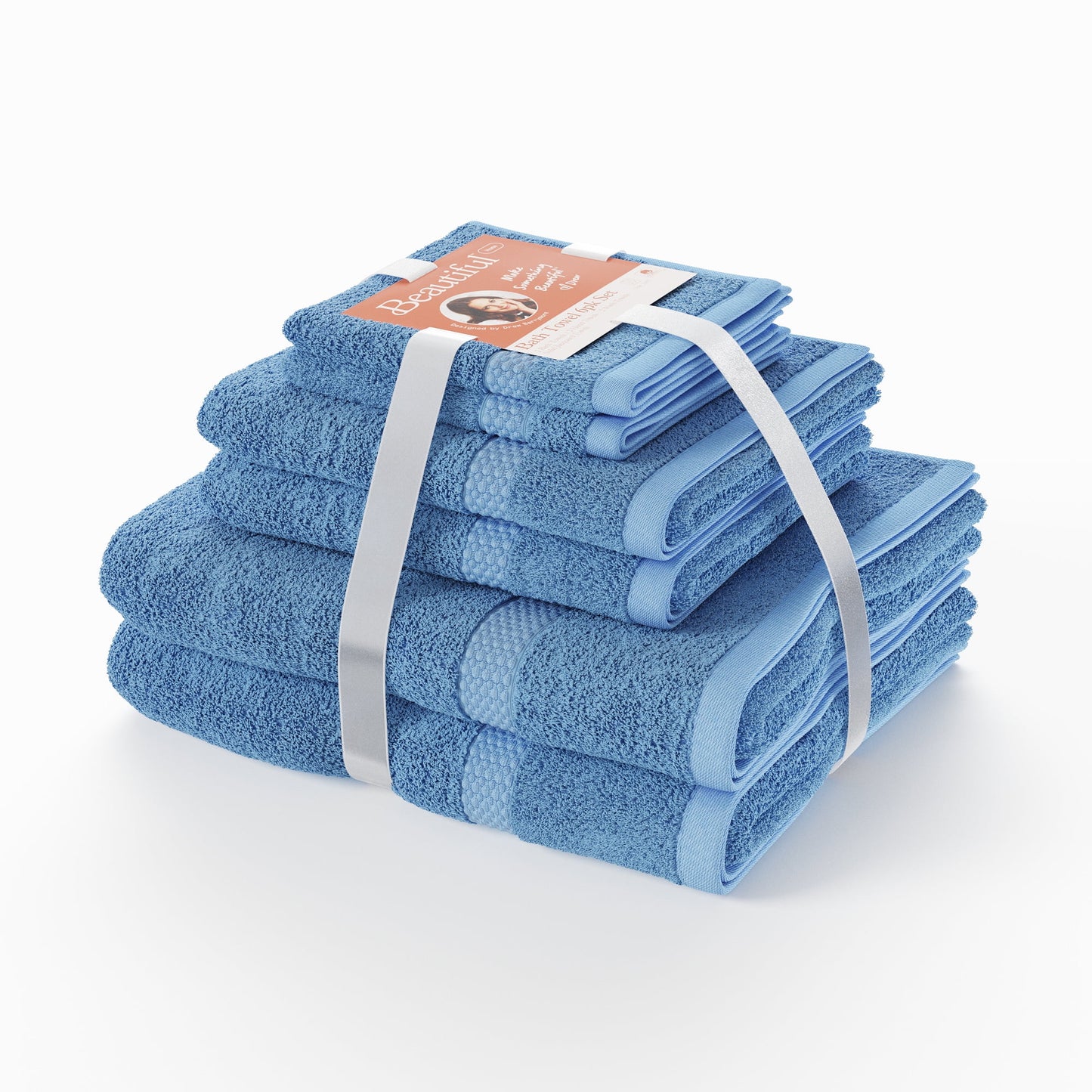 Beautiful by Drew Barrymore 6-Piece Dobby Bath Towel Set, Soft 100% Cotton, Winter Sky