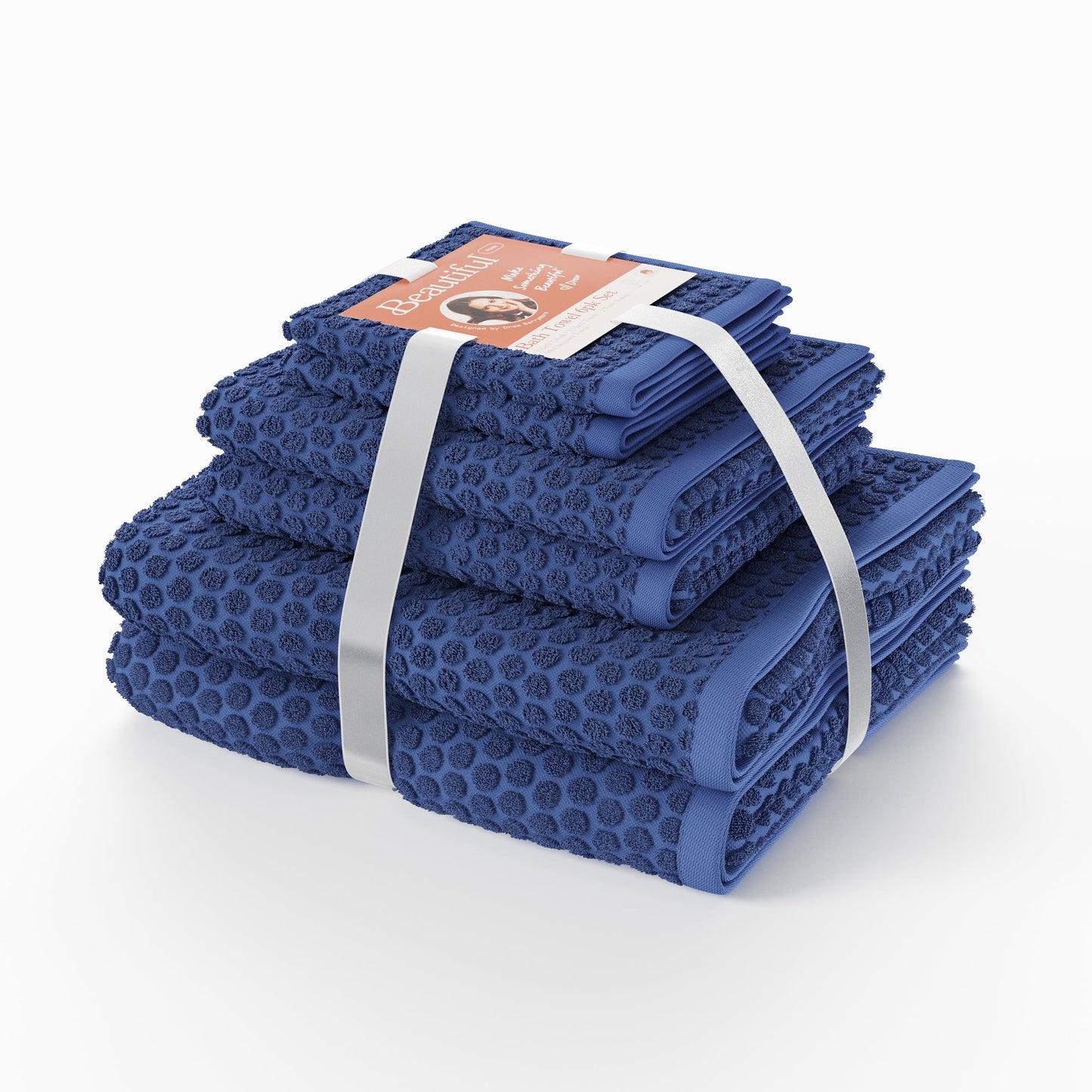 Beautiful by Drew Barrymore 6-Piece Dot Bath Towel Set, Soft 100% Cotton, Smokey Blue