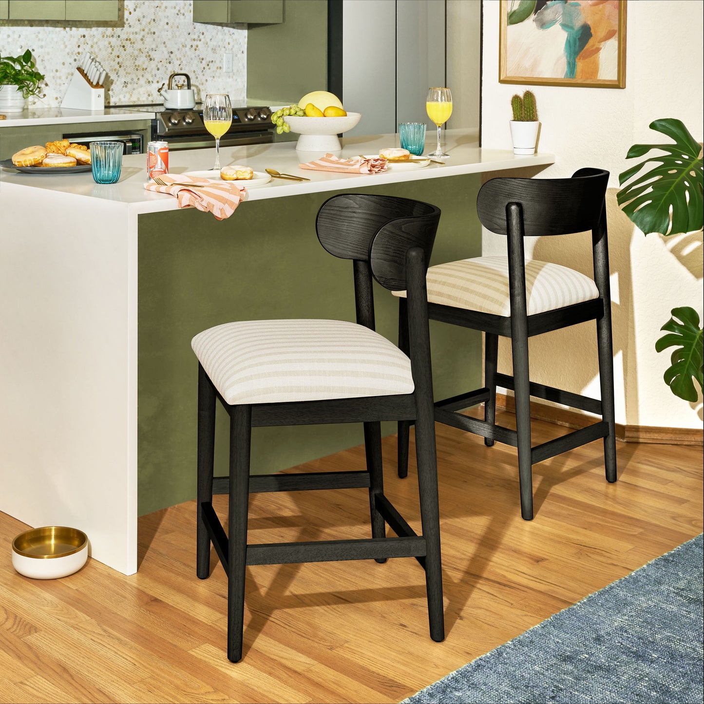 Beautiful Drew Counter-Height Stools by Drew Barrymore, Rich Black Finish with Striped Fabric, 2 Pack