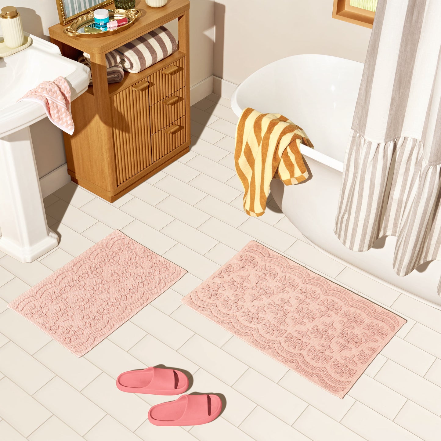Beautiful Floral Block Scallop 2 Piece Bath Rug Set by Drew Barrymore, Rose Pink, 17" x 24" & 20" x 30"