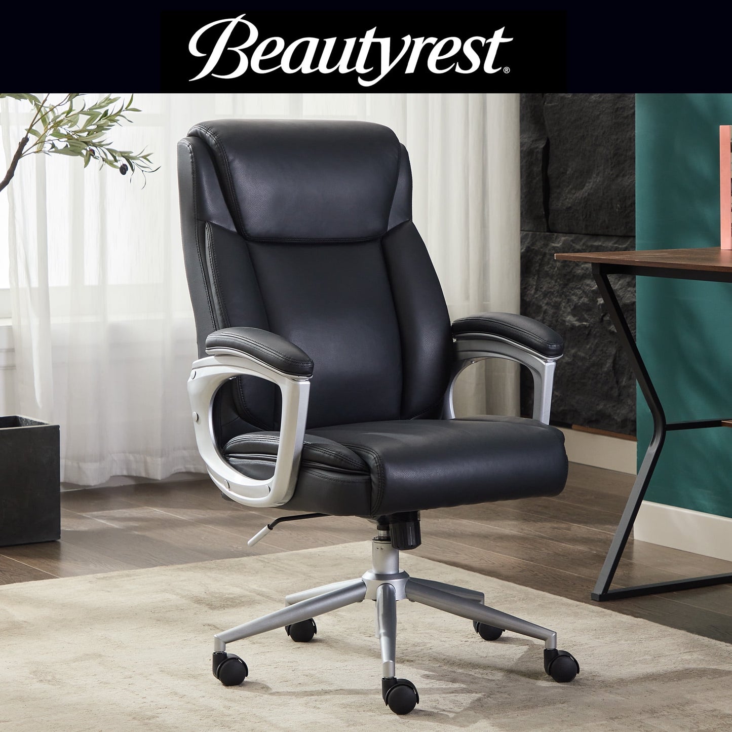 Beautyrest Beyla Silla de Oficina Ergonómica de Gerente con Reposabrazos Acolchado para Adolescentes y Adultos, Negra