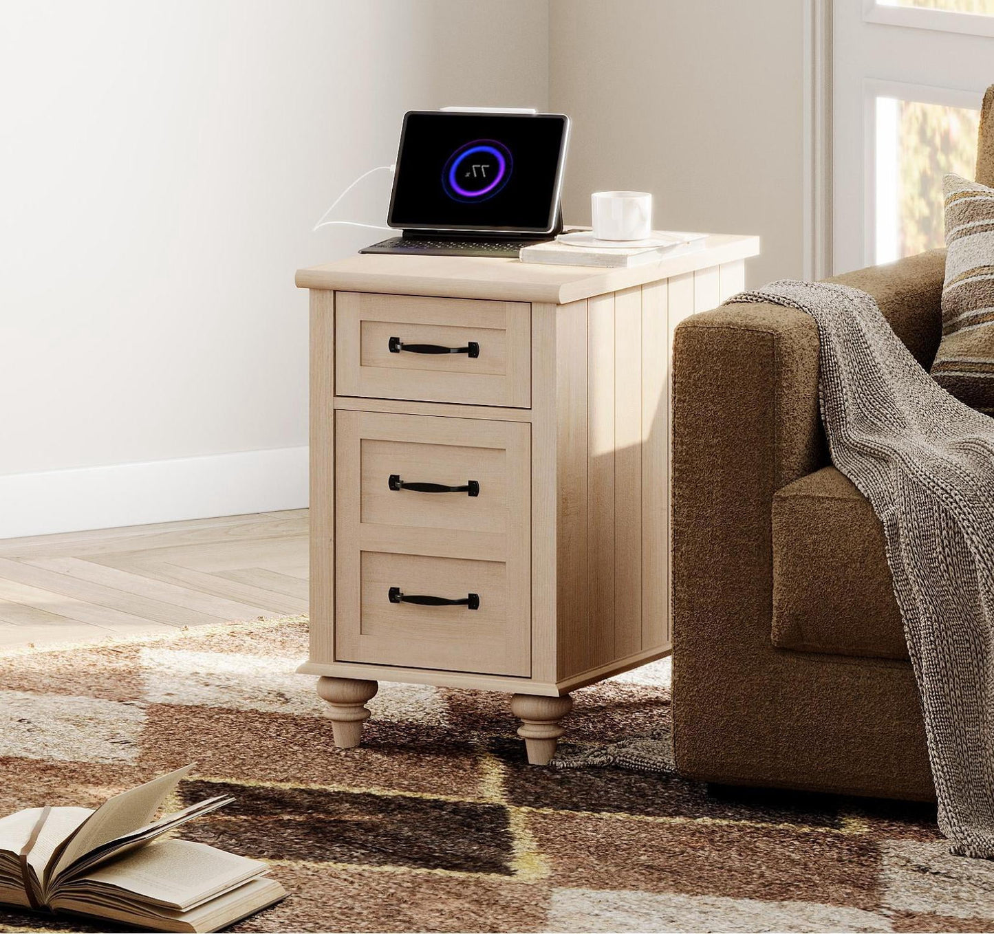 Beige End Tables with Charging Station, Tall Nightstand with Storage Cabinet & Drawer, Wooden Side Table for Bedroom, Living Room