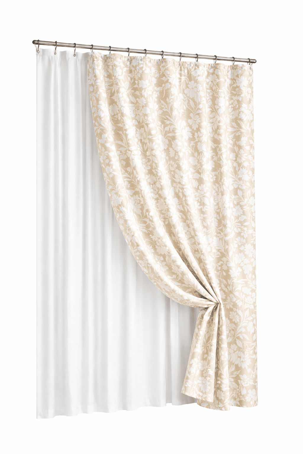 Beige Floral Matelasse Shower Curtain + Clear Heavy Weight Liner
