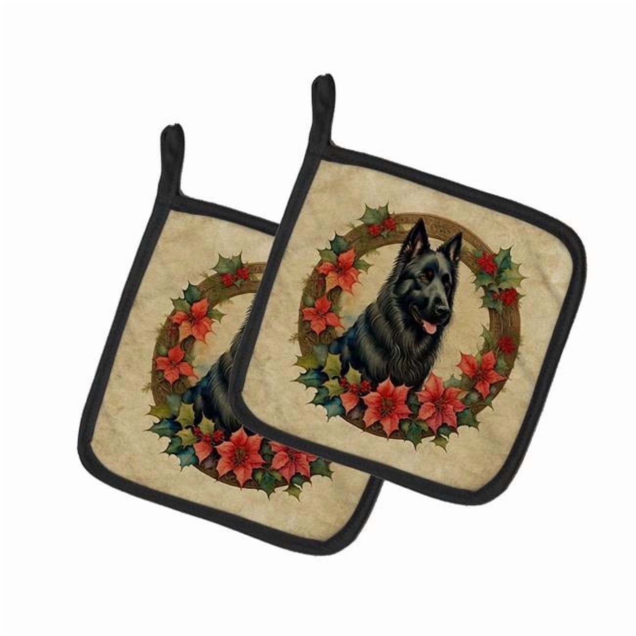 Belgian Sheepdog Christmas Flowers Pair of Pot Holders 7.5 in x 7.5 in