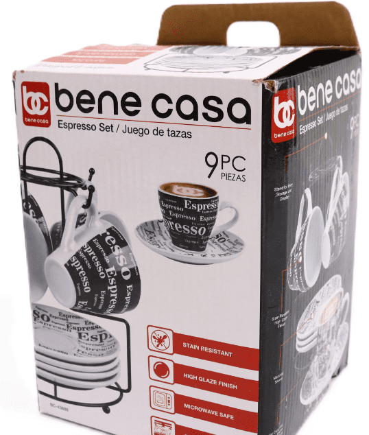 Bene Casa 9-Piece Black & White Espresso Design Demitasse Cup and Saucer Set with Stand