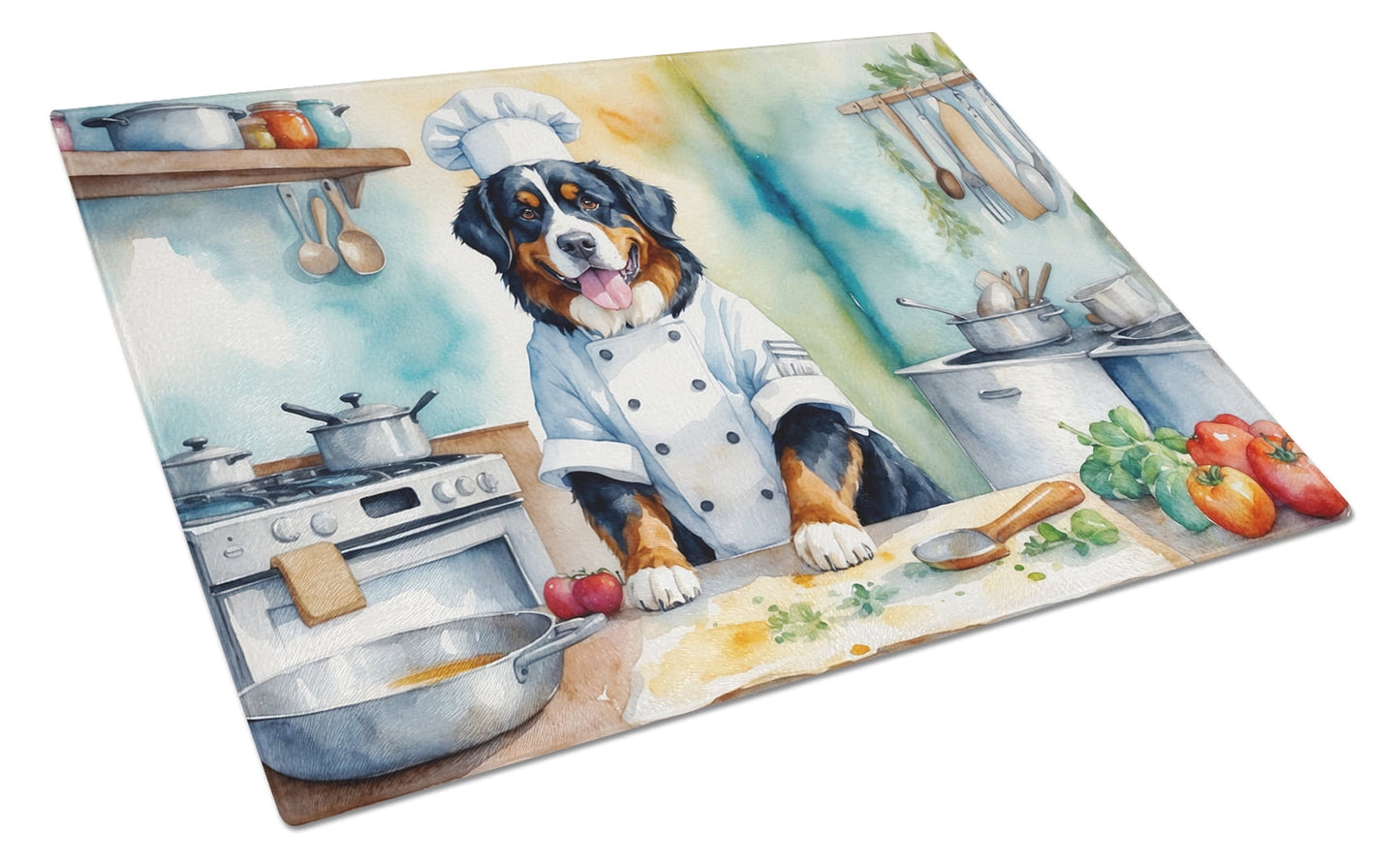 Bernese Mountain Dog The Chef Glass Cutting Board 12 in x 15 in