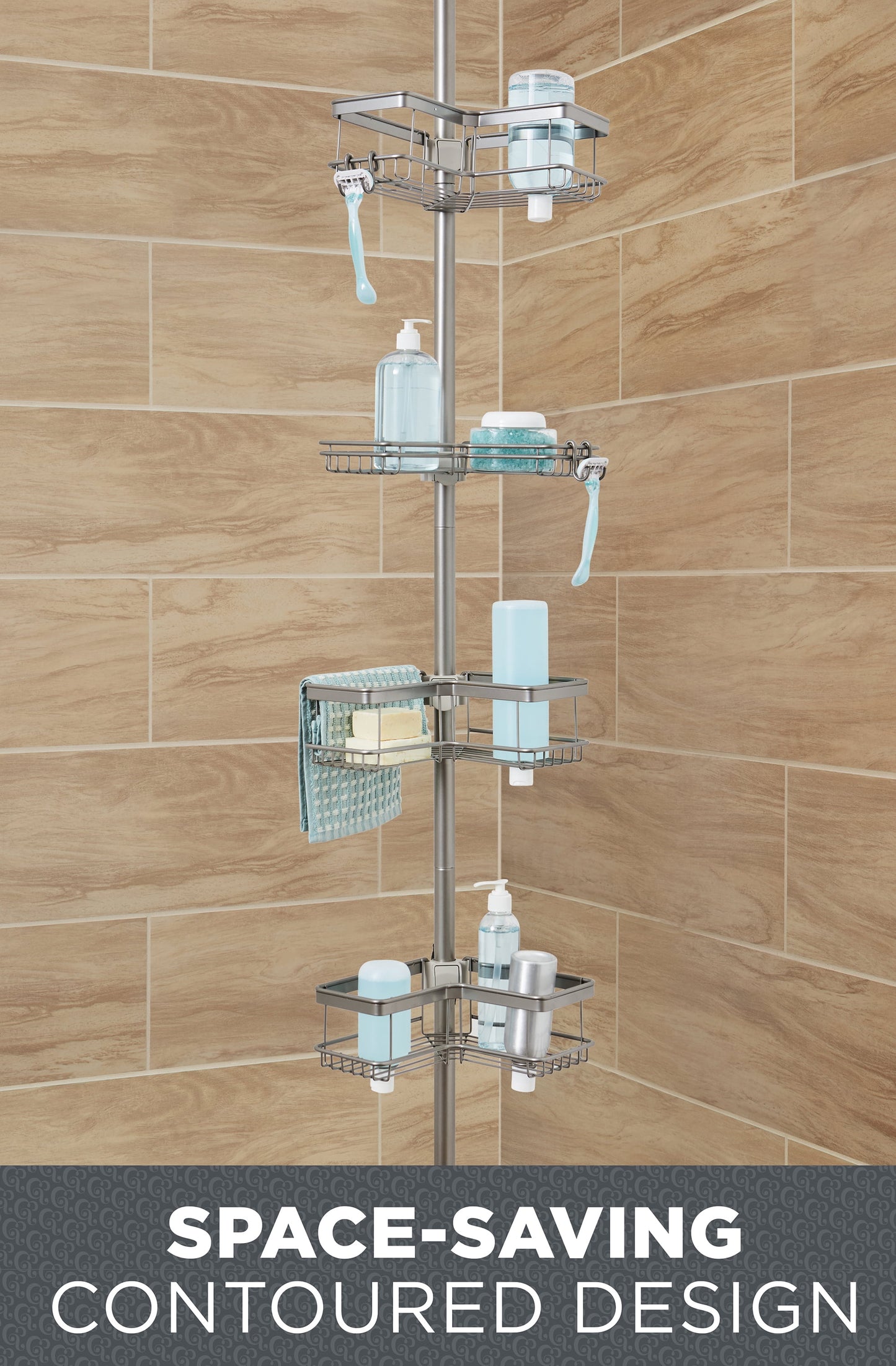 Better Homes & Gardens Adjustable Tension Steel Shower Pole Caddy, 4 Shelves, Satin Nickel