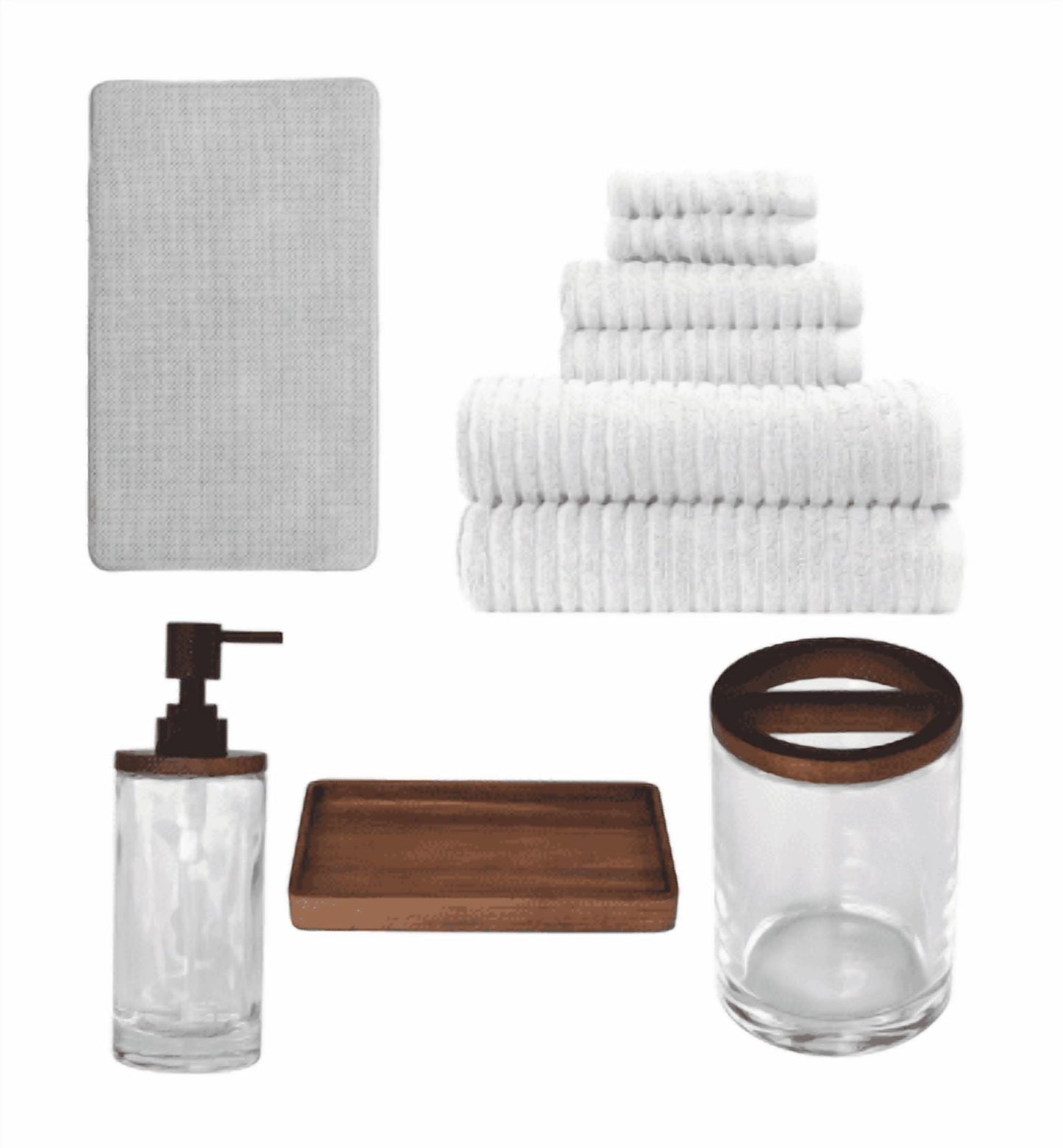 Better Homes & Gardens Complete Bathroom Set – Cotton Towels, Memory Foam Rug & Acacia Wood Glass Accessories, White