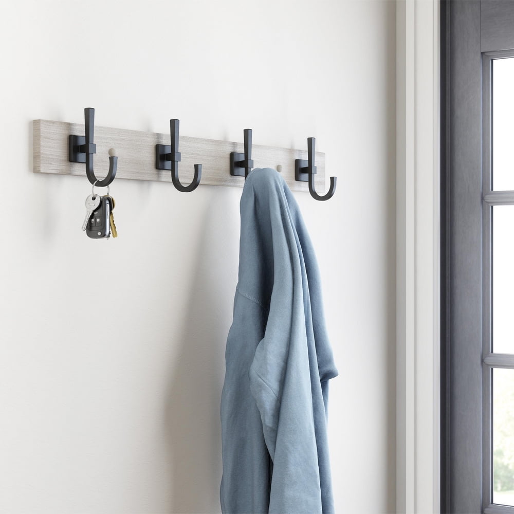 Better Homes & Gardens Miller Estante de Ganchos Montado en la Pared de 27", 4 Ganchos, Gris Rústico y Negro Mate