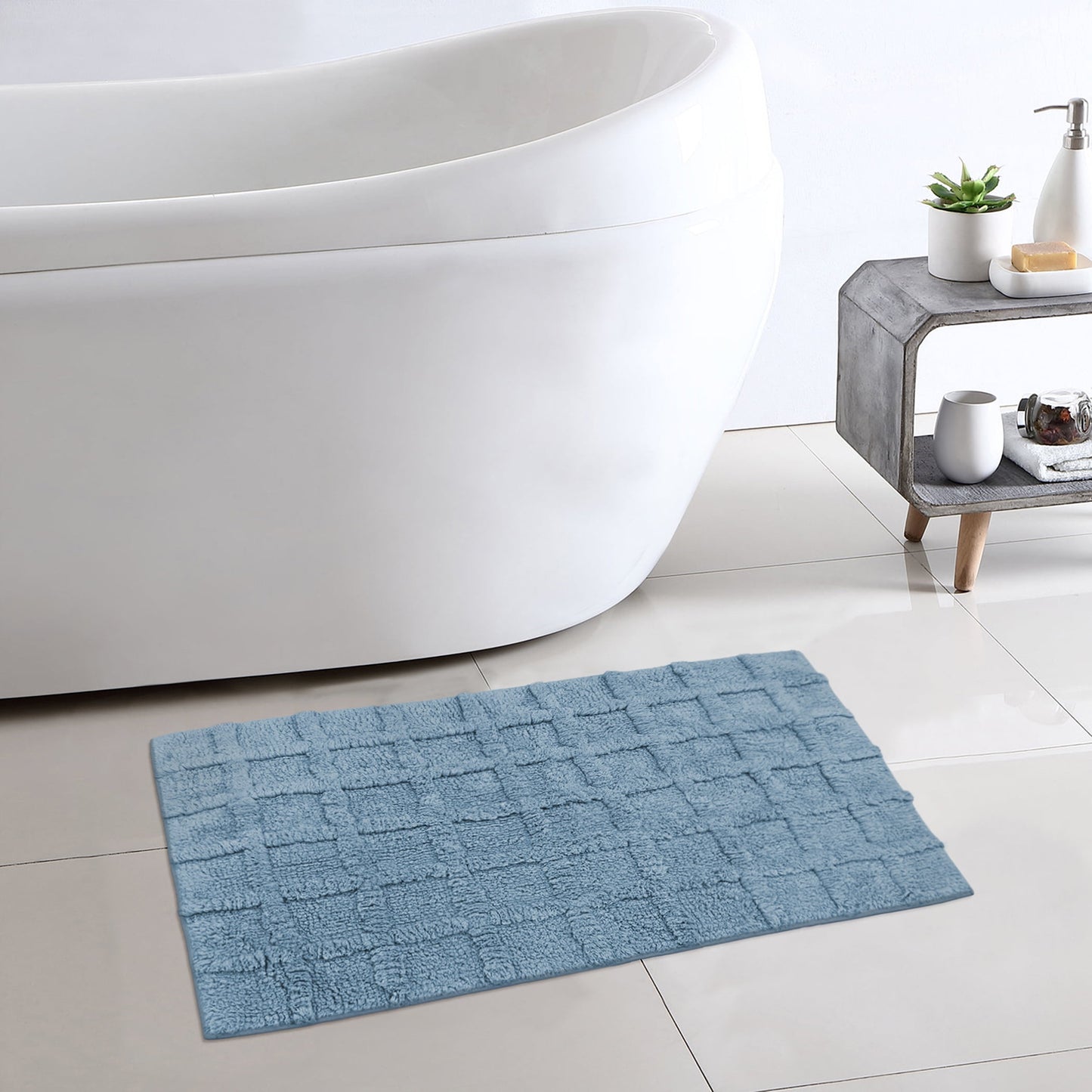 Better Homes & Gardens 2 Piece Cotton Grid Bath Rug Set, Blue, 17" x 24" and 20" x 30"