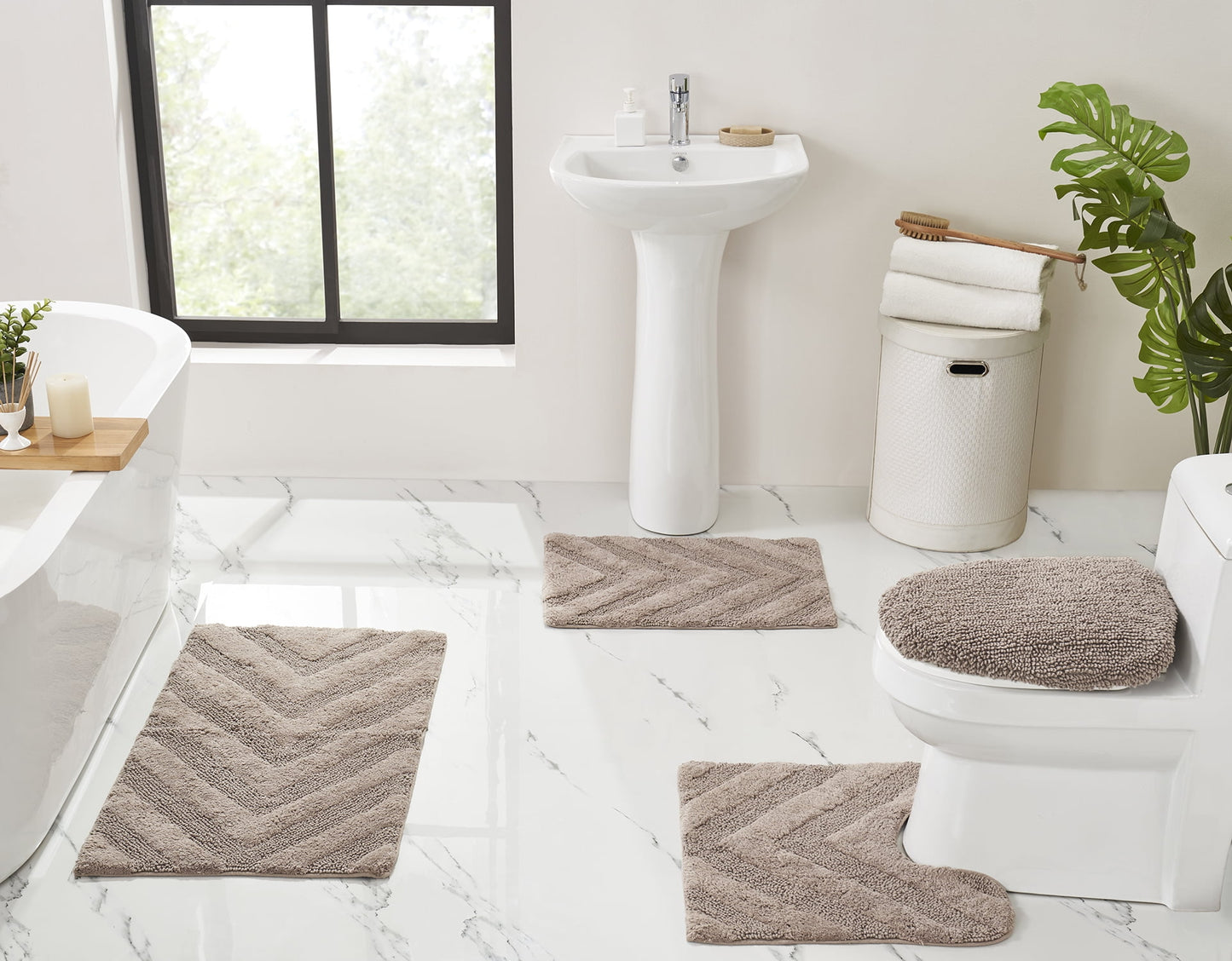 Better Trends 4 Piece Bathroom Rug Set 100% Cotton Extra Soft Tufted Bath Rug Water Absorbent Non-Slip Bath Mat Machine Washable (Beige) Hugo Collection