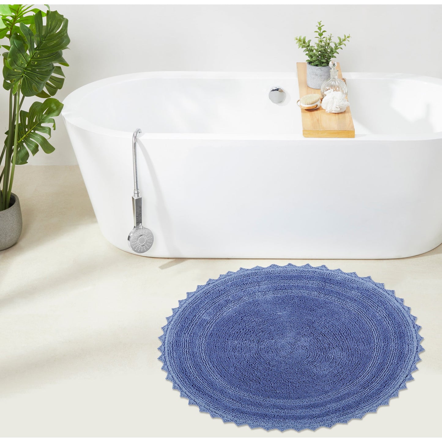 Better Trends Chic Round Bath Mat, 30" Diameter, 100% Cotton with Crochet Border, Water Absorbent, Ideal for Half Baths and Powder Rooms, Machine Washable, Blue - Lilly Crochet Collection