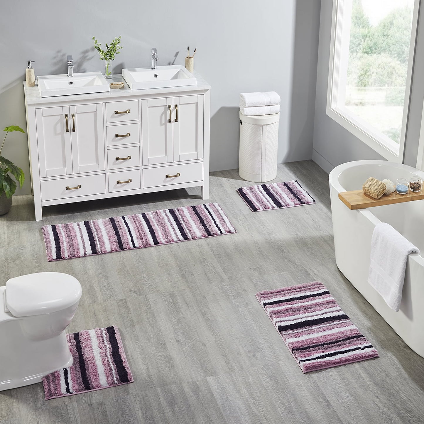 Better Trends 4 Piece Bathroom Rug Set 100% Polyester Soft Water Absorbent Non Slip Bath Mat Machine Washable Rug Griffie Collection - Purple