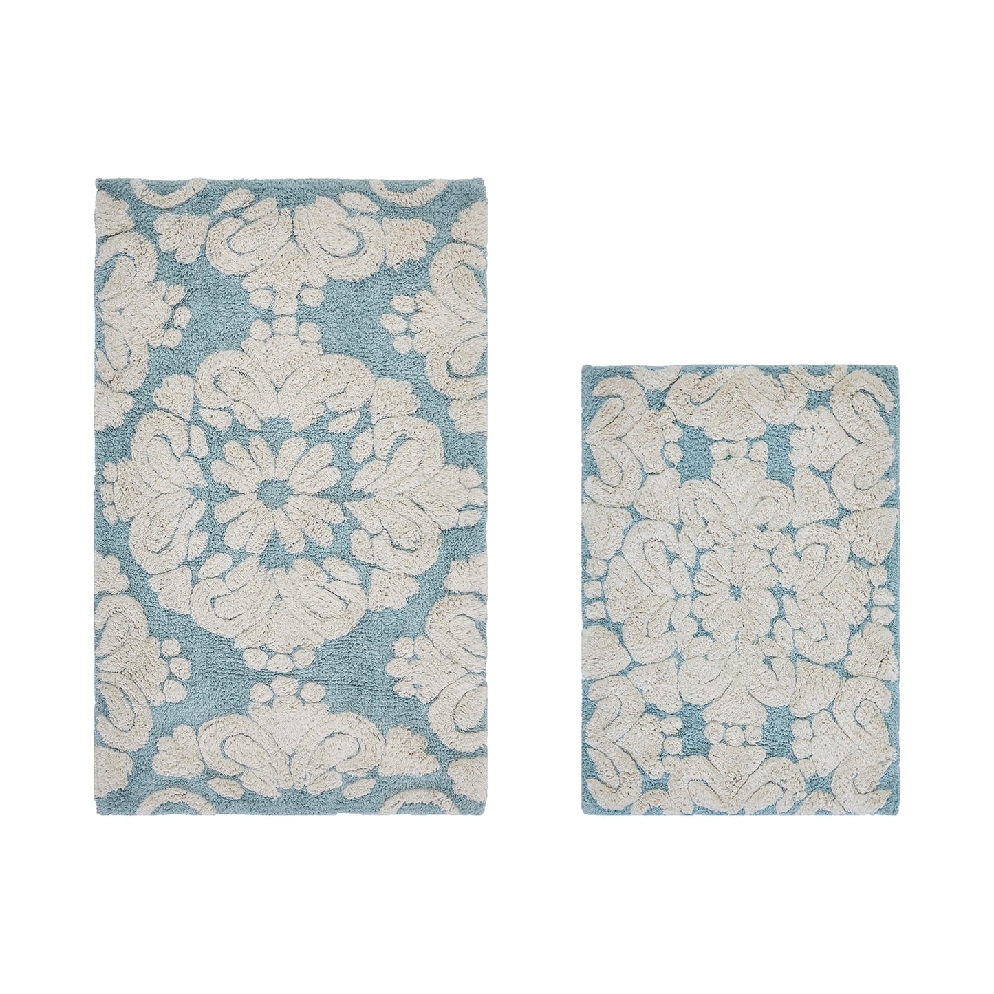 Better Trends 2 Piece Bathroom Rug Set 100% Cotton Extra Soft Tufted Bath Rug Water Absorbent Non-Slip Bath Mat Machine Washable (Blue) Medallion Collection