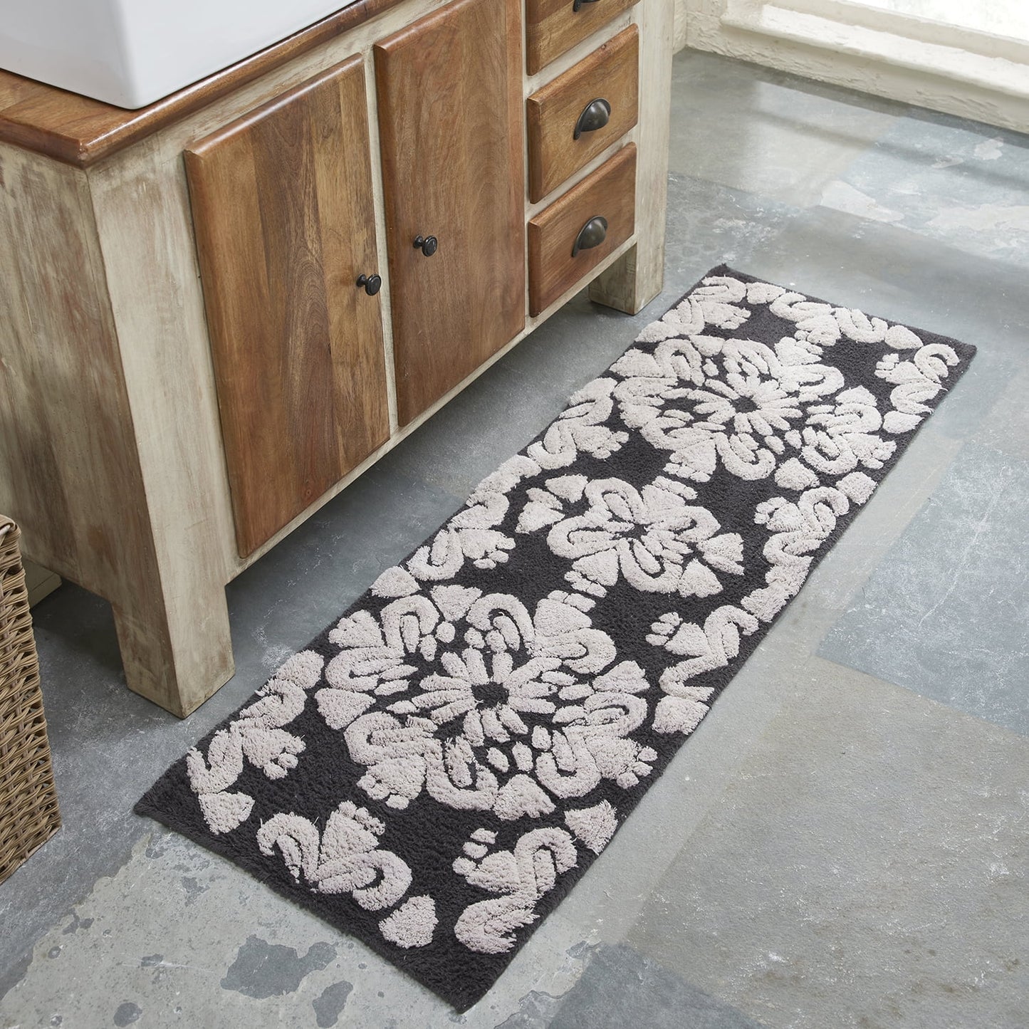 Better Trends 20" x 60" Bathroom Runner Mat, 100% Cotton Non-Slip Bath Rug, Water Absorbent, Machine Washable for Bathroom and Shower Use, (Charcol) Medallion Collection