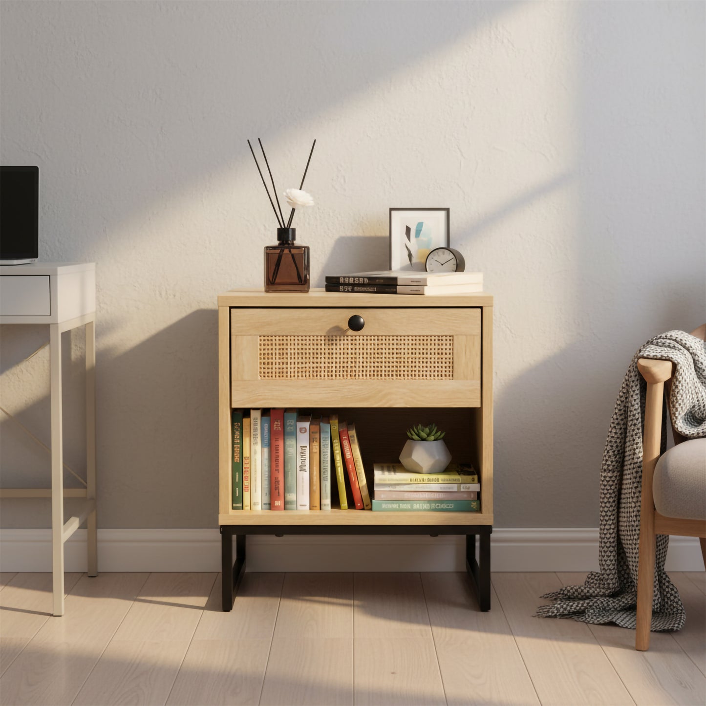Birch Coastal Modern Side Table with Drawer Natural Wood Top with Black Metal Legs