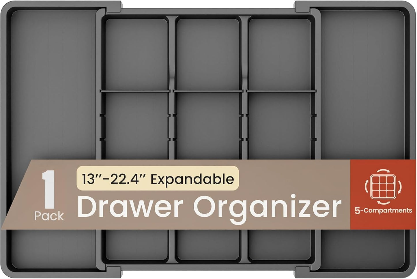 Black Expandable Utensil Drawer Organizer 1 Pack, Adjustable 13†to 22.4â€, 5 Compartment Silverware Organizer for Kitchen Utensils, Spatulas, Cutlery, and Tools, Easy to Clean, Durable, and BPA-Free