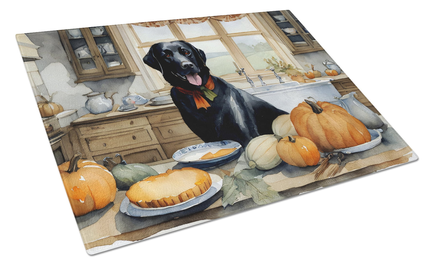 Black Lab Fall Kitchen Pumpkins Glass Cutting Board Large 12 in x 15 in